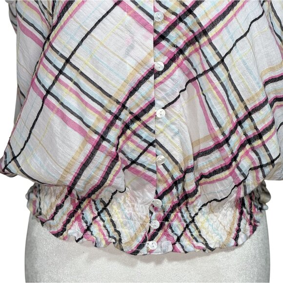Rafaella Size MP Womens Plaid Button-Up Sleeveless Top With Smocked Hem - Picture 5 of 7